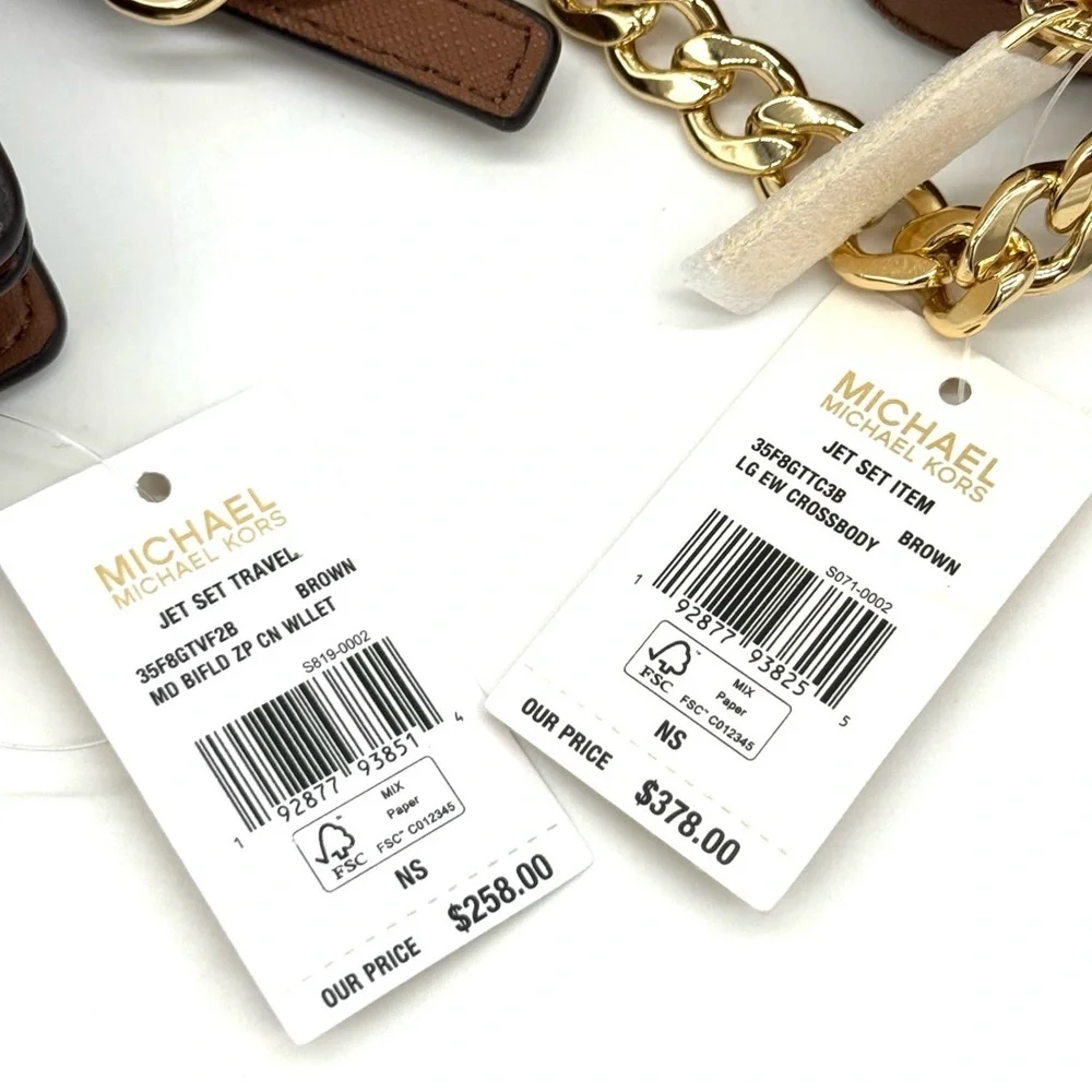 Michael Kors LG EW Crossbody Bag & Zip Chain Bifold Wallet Matching Set Brown